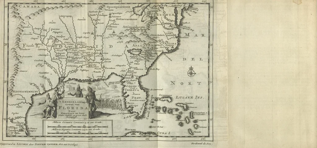 An illustration from De gedenkwaardige voyagie van Don Ferdinand de Soto na Florida : en desselfs ontdekking van de landen in dat gewest, met al wat aanmerkensswaardig op die vierjarige reyse is voorgevallen : gedaan anno 1539 en vervolgens, 1706, leaf 14