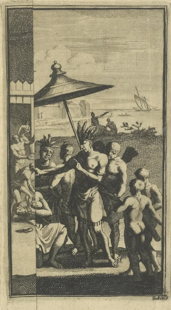 An illustration from De gedenkwaardige voyagie van Don Ferdinand de Soto na Florida : en desselfs ontdekking van de landen in dat gewest, met al wat aanmerkensswaardig op die vierjarige reyse is voorgevallen : gedaan anno 1539 en vervolgens, 1706, leaf 20