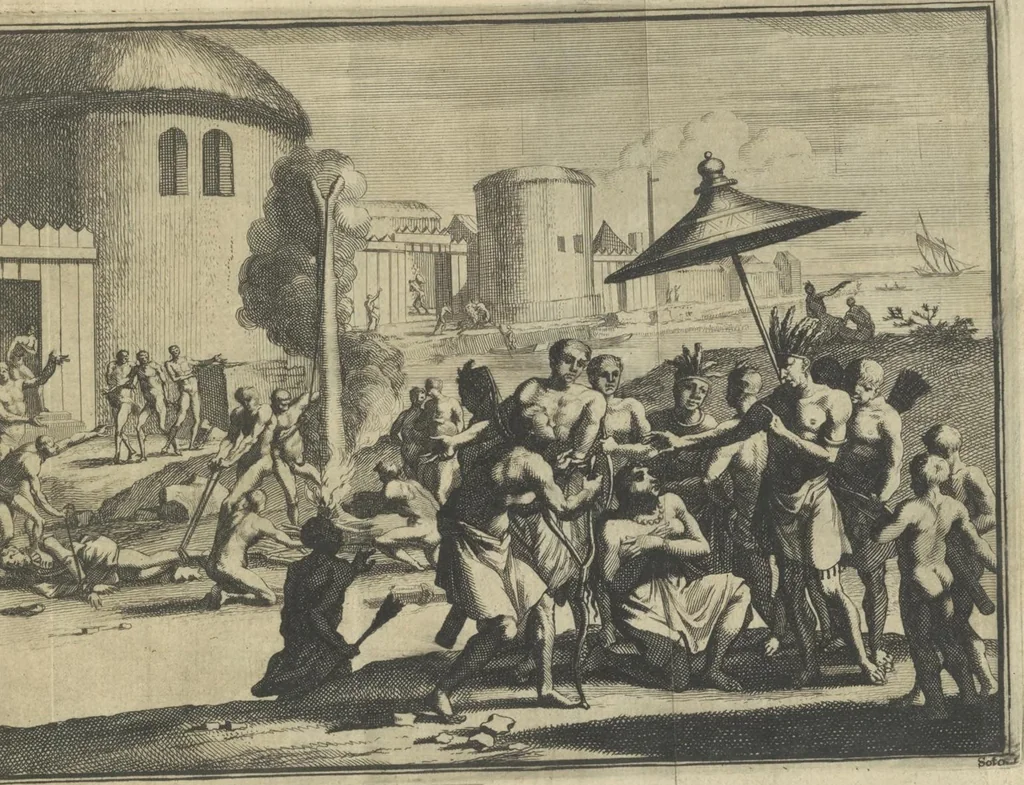 An illustration from De gedenkwaardige voyagie van Don Ferdinand de Soto na Florida : en desselfs ontdekking van de landen in dat gewest, met al wat aanmerkensswaardig op die vierjarige reyse is voorgevallen : gedaan anno 1539 en vervolgens, 1706, leaf 21