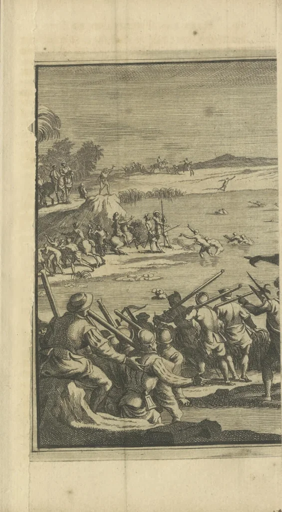 An illustration from De gedenkwaardige voyagie van Don Ferdinand de Soto na Florida : en desselfs ontdekking van de landen in dat gewest, met al wat aanmerkensswaardig op die vierjarige reyse is voorgevallen : gedaan anno 1539 en vervolgens, 1706, leaf 32