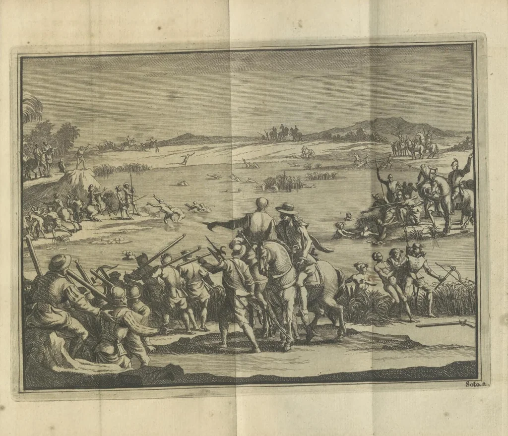An illustration from De gedenkwaardige voyagie van Don Ferdinand de Soto na Florida : en desselfs ontdekking van de landen in dat gewest, met al wat aanmerkensswaardig op die vierjarige reyse is voorgevallen : gedaan anno 1539 en vervolgens, 1706, leaf 33