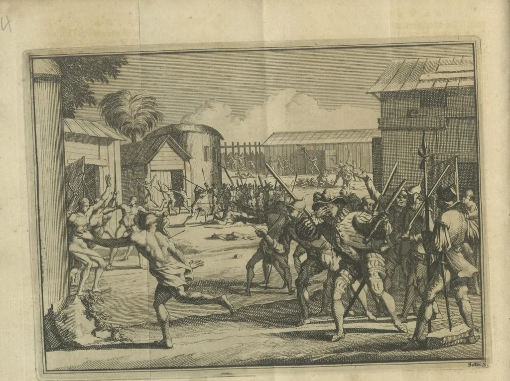 An illustration from De gedenkwaardige voyagie van Don Ferdinand de Soto na Florida : en desselfs ontdekking van de landen in dat gewest, met al wat aanmerkensswaardig op die vierjarige reyse is voorgevallen : gedaan anno 1539 en vervolgens, 1706, leaf 38