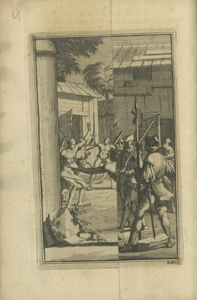 An illustration from De gedenkwaardige voyagie van Don Ferdinand de Soto na Florida : en desselfs ontdekking van de landen in dat gewest, met al wat aanmerkensswaardig op die vierjarige reyse is voorgevallen : gedaan anno 1539 en vervolgens, 1706, leaf 39