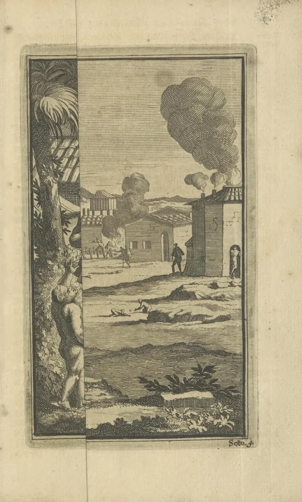 An illustration from De gedenkwaardige voyagie van Don Ferdinand de Soto na Florida : en desselfs ontdekking van de landen in dat gewest, met al wat aanmerkensswaardig op die vierjarige reyse is voorgevallen : gedaan anno 1539 en vervolgens, 1706, leaf 48