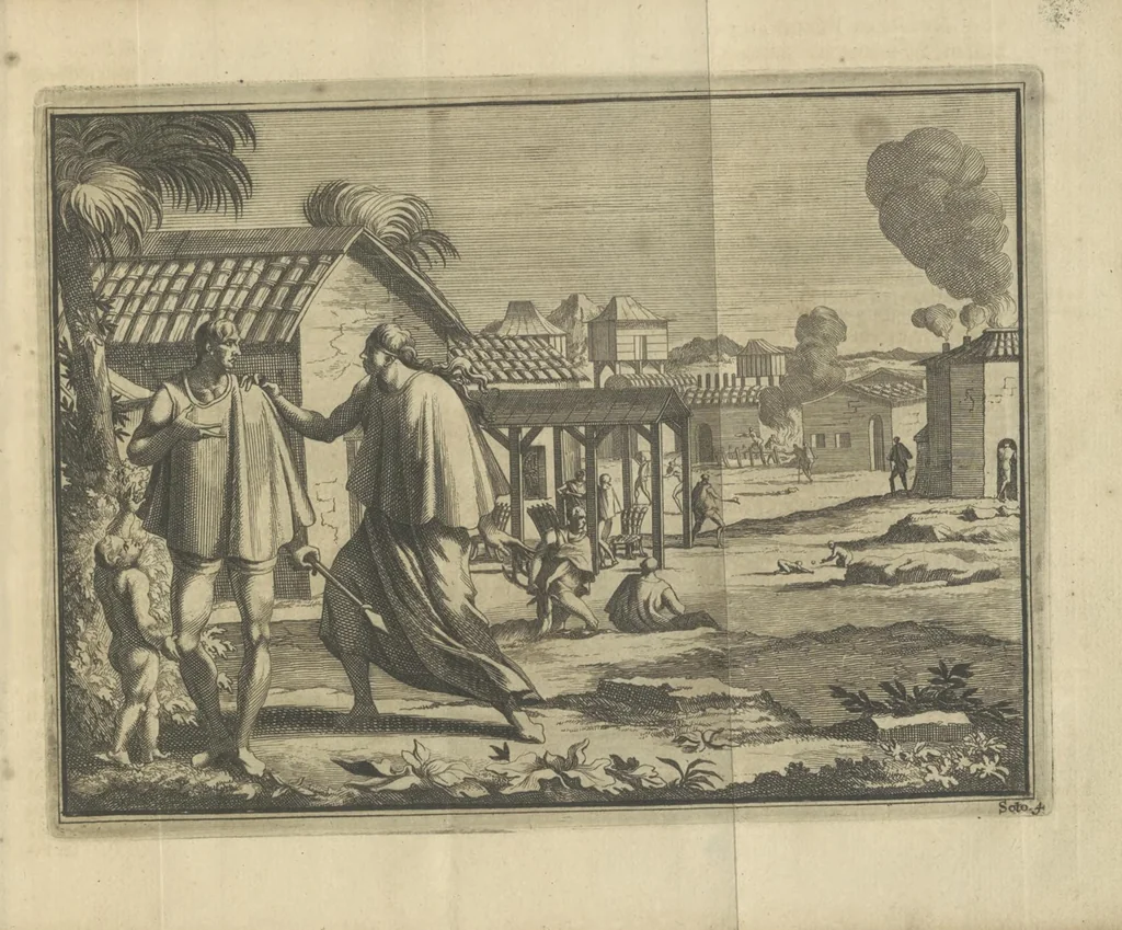 An illustration from De gedenkwaardige voyagie van Don Ferdinand de Soto na Florida : en desselfs ontdekking van de landen in dat gewest, met al wat aanmerkensswaardig op die vierjarige reyse is voorgevallen : gedaan anno 1539 en vervolgens, 1706, leaf 49