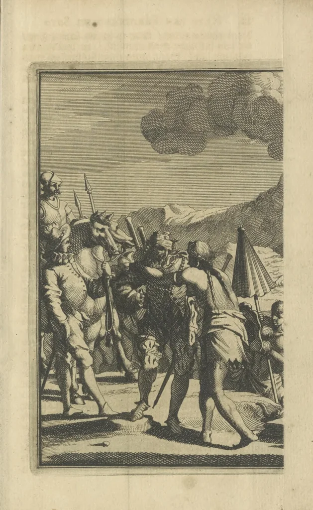 An illustration from De gedenkwaardige voyagie van Don Ferdinand de Soto na Florida : en desselfs ontdekking van de landen in dat gewest, met al wat aanmerkensswaardig op die vierjarige reyse is voorgevallen : gedaan anno 1539 en vervolgens, 1706, leaf 58