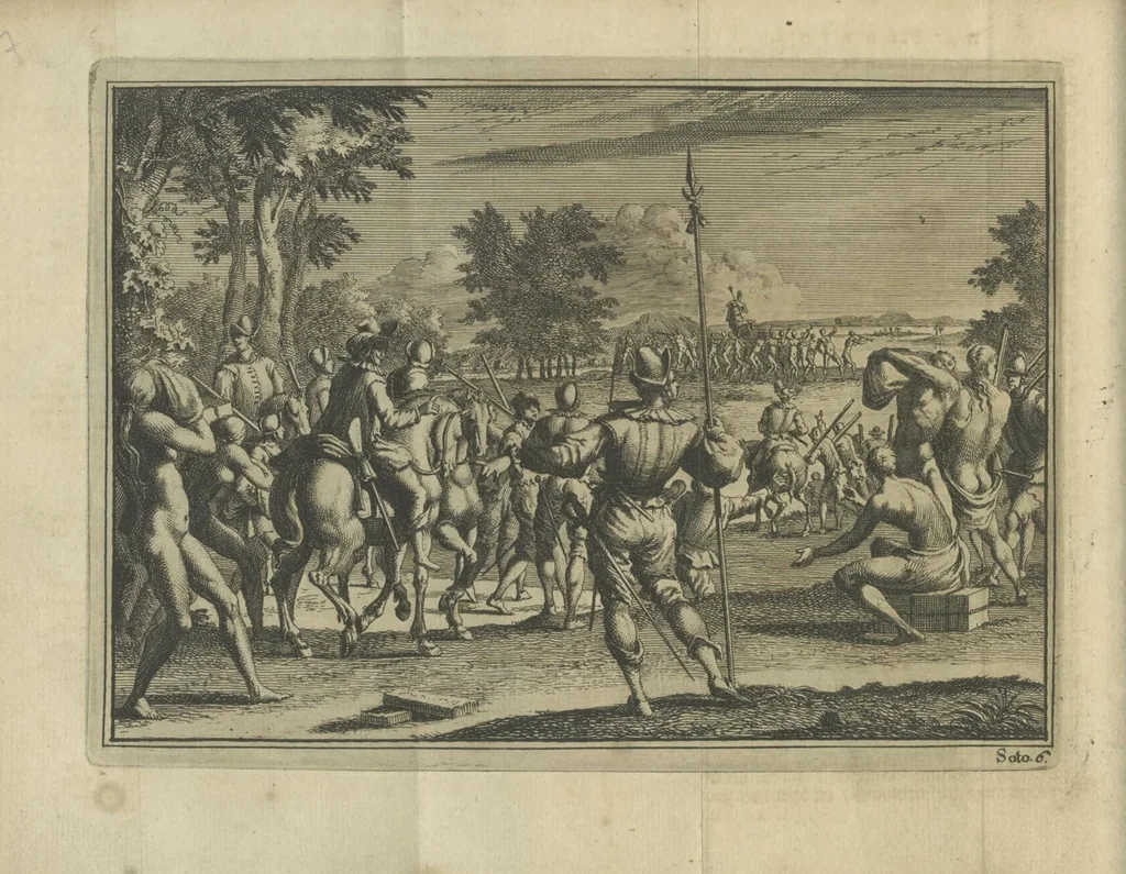 An illustration from De gedenkwaardige voyagie van Don Ferdinand de Soto na Florida : en desselfs ontdekking van de landen in dat gewest, met al wat aanmerkensswaardig op die vierjarige reyse is voorgevallen : gedaan anno 1539 en vervolgens, 1706, leaf 72