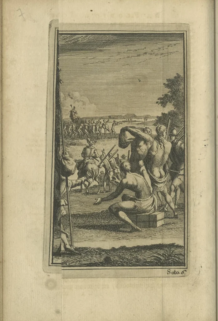 An illustration from De gedenkwaardige voyagie van Don Ferdinand de Soto na Florida : en desselfs ontdekking van de landen in dat gewest, met al wat aanmerkensswaardig op die vierjarige reyse is voorgevallen : gedaan anno 1539 en vervolgens, 1706, leaf 73
