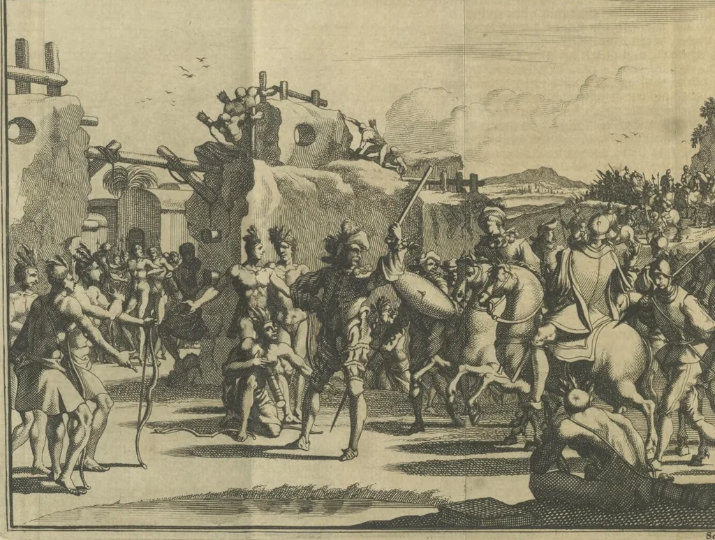 An illustration from De gedenkwaardige voyagie van Don Ferdinand de Soto na Florida : en desselfs ontdekking van de landen in dat gewest, met al wat aanmerkensswaardig op die vierjarige reyse is voorgevallen : gedaan anno 1539 en vervolgens, 1706, leaf 78