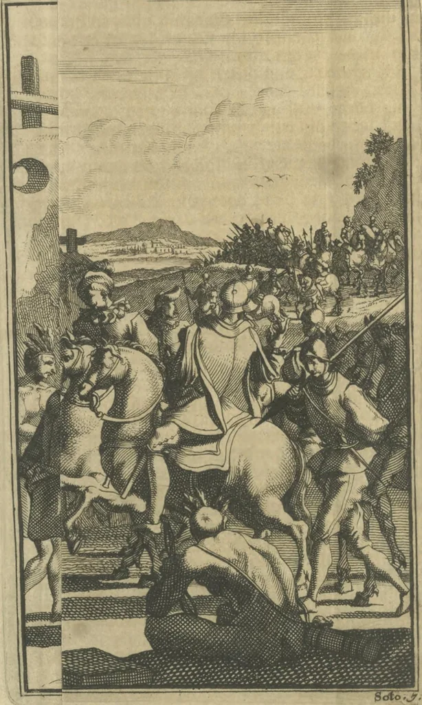 An illustration from De gedenkwaardige voyagie van Don Ferdinand de Soto na Florida : en desselfs ontdekking van de landen in dat gewest, met al wat aanmerkensswaardig op die vierjarige reyse is voorgevallen : gedaan anno 1539 en vervolgens, 1706, leaf 79
