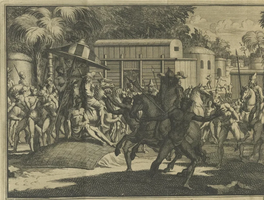 An illustration from De gedenkwaardige voyagie van Don Ferdinand de Soto na Florida : en desselfs ontdekking van de landen in dat gewest, met al wat aanmerkensswaardig op die vierjarige reyse is voorgevallen : gedaan anno 1539 en vervolgens, 1706, leaf 84