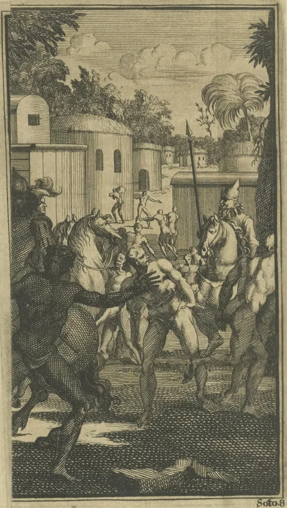 An illustration from De gedenkwaardige voyagie van Don Ferdinand de Soto na Florida : en desselfs ontdekking van de landen in dat gewest, met al wat aanmerkensswaardig op die vierjarige reyse is voorgevallen : gedaan anno 1539 en vervolgens, 1706, leaf 85
