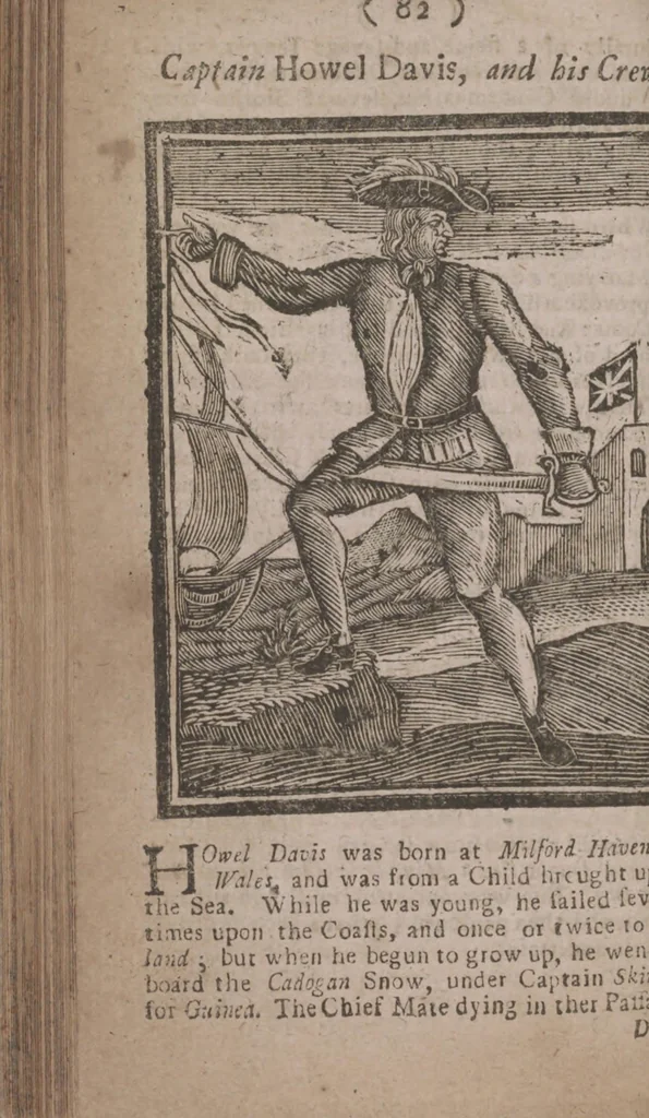 An illustration from The history and lives of all the most notorious pirates, and their crews, from Capt. Avery, who first settled at Madagascar, to Capt. John Gow, and James Williams, his Lieutenant, Etc. who were hang'd at Execution Dock, June 11, 1725, for Piracy and Murther, and afterwards hang'd in Chains between Blackwall and Deptford : giving a more full and true Account than any yet Published, of all their Murthers, Piracies, Maroonings, Places of Refuge, and Ways of Living. Adorn'd with Twenty Beautiful Cuts, being the Representation of each Pirate : To which is prefix'd, An Abstract of the Laws against Piracy, 1725, leaf 100