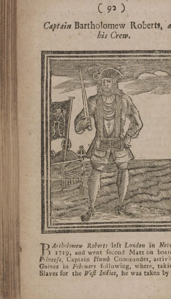 An illustration from The history and lives of all the most notorious pirates, and their crews, from Capt. Avery, who first settled at Madagascar, to Capt. John Gow, and James Williams, his Lieutenant, Etc. who were hang'd at Execution Dock, June 11, 1725, for Piracy and Murther, and afterwards hang'd in Chains between Blackwall and Deptford : giving a more full and true Account than any yet Published, of all their Murthers, Piracies, Maroonings, Places of Refuge, and Ways of Living. Adorn'd with Twenty Beautiful Cuts, being the Representation of each Pirate : To which is prefix'd, An Abstract of the Laws against Piracy, 1725, leaf 110