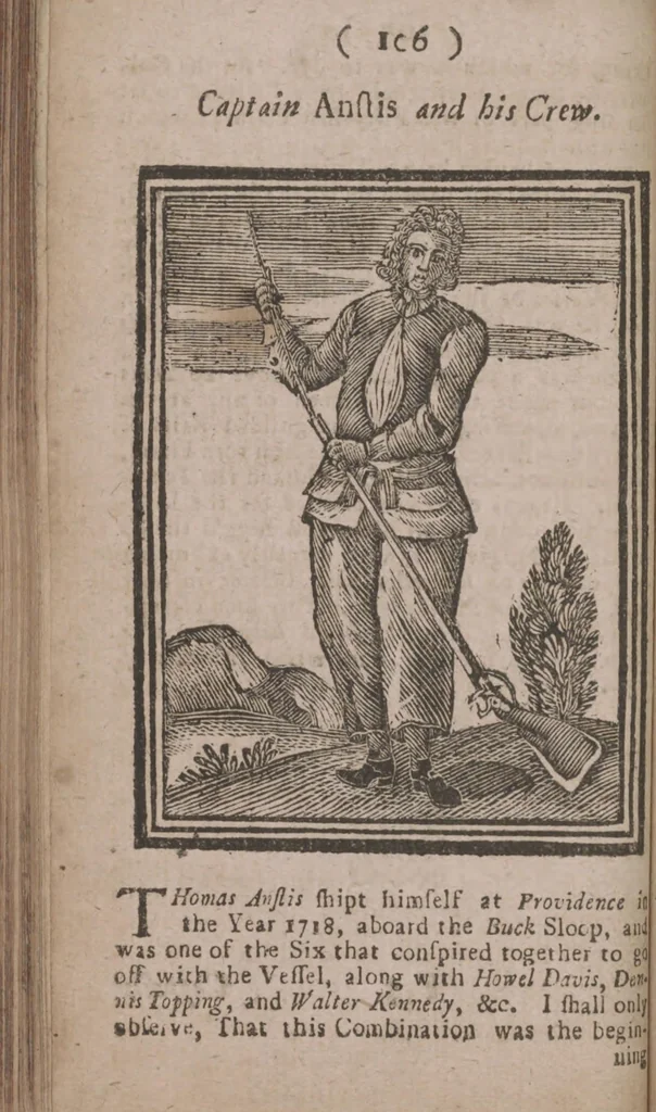 An illustration from The history and lives of all the most notorious pirates, and their crews, from Capt. Avery, who first settled at Madagascar, to Capt. John Gow, and James Williams, his Lieutenant, Etc. who were hang'd at Execution Dock, June 11, 1725, for Piracy and Murther, and afterwards hang'd in Chains between Blackwall and Deptford : giving a more full and true Account than any yet Published, of all their Murthers, Piracies, Maroonings, Places of Refuge, and Ways of Living. Adorn'd with Twenty Beautiful Cuts, being the Representation of each Pirate : To which is prefix'd, An Abstract of the Laws against Piracy, 1725, leaf 124
