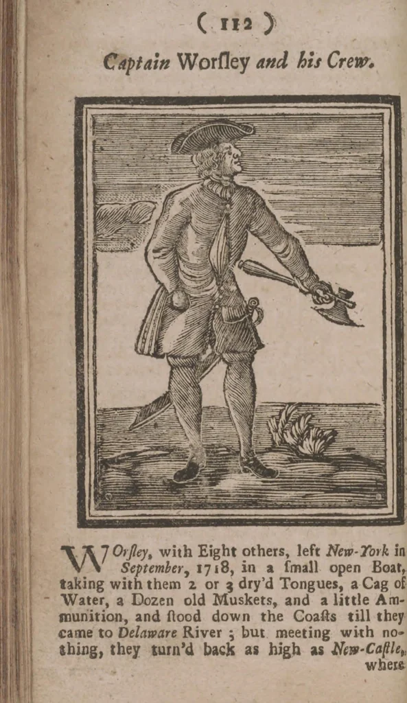 An illustration from The history and lives of all the most notorious pirates, and their crews, from Capt. Avery, who first settled at Madagascar, to Capt. John Gow, and James Williams, his Lieutenant, Etc. who were hang'd at Execution Dock, June 11, 1725, for Piracy and Murther, and afterwards hang'd in Chains between Blackwall and Deptford : giving a more full and true Account than any yet Published, of all their Murthers, Piracies, Maroonings, Places of Refuge, and Ways of Living. Adorn'd with Twenty Beautiful Cuts, being the Representation of each Pirate : To which is prefix'd, An Abstract of the Laws against Piracy, 1725, leaf 130