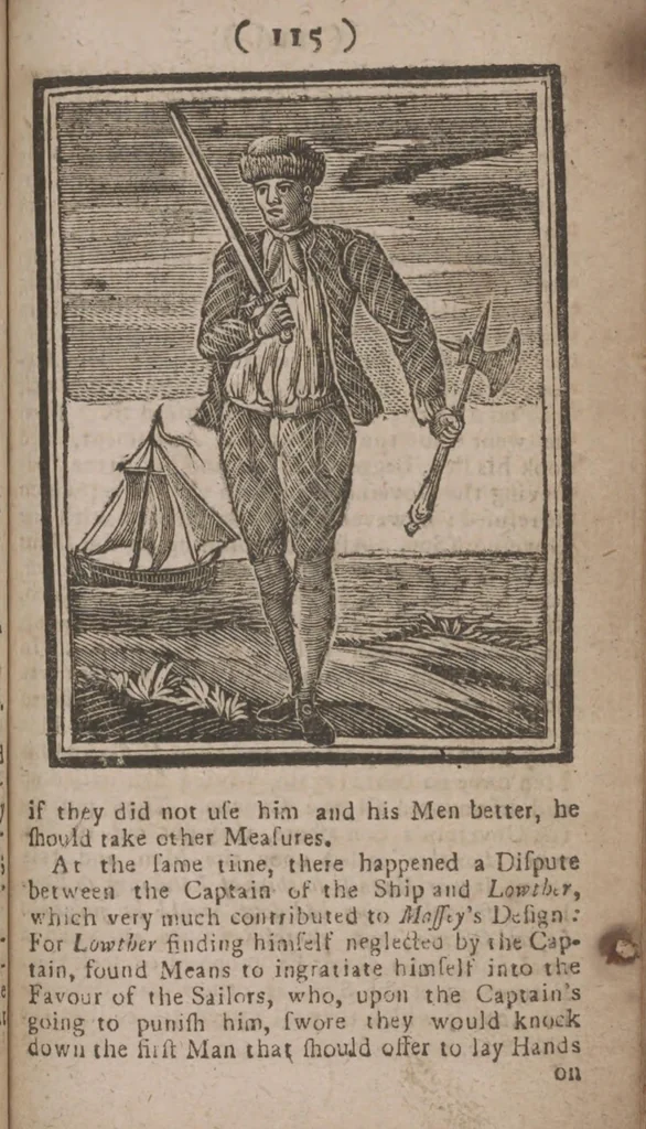 An illustration from The history and lives of all the most notorious pirates, and their crews, from Capt. Avery, who first settled at Madagascar, to Capt. John Gow, and James Williams, his Lieutenant, Etc. who were hang'd at Execution Dock, June 11, 1725, for Piracy and Murther, and afterwards hang'd in Chains between Blackwall and Deptford : giving a more full and true Account than any yet Published, of all their Murthers, Piracies, Maroonings, Places of Refuge, and Ways of Living. Adorn'd with Twenty Beautiful Cuts, being the Representation of each Pirate : To which is prefix'd, An Abstract of the Laws against Piracy, 1725, leaf 133