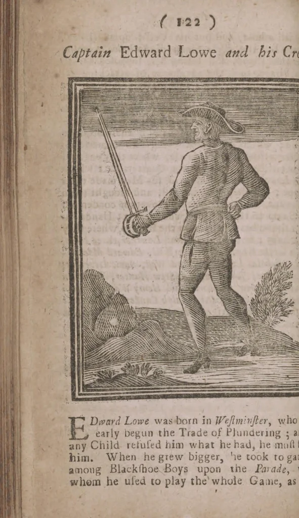 An illustration from The history and lives of all the most notorious pirates, and their crews, from Capt. Avery, who first settled at Madagascar, to Capt. John Gow, and James Williams, his Lieutenant, Etc. who were hang'd at Execution Dock, June 11, 1725, for Piracy and Murther, and afterwards hang'd in Chains between Blackwall and Deptford : giving a more full and true Account than any yet Published, of all their Murthers, Piracies, Maroonings, Places of Refuge, and Ways of Living. Adorn'd with Twenty Beautiful Cuts, being the Representation of each Pirate : To which is prefix'd, An Abstract of the Laws against Piracy, 1725, leaf 140