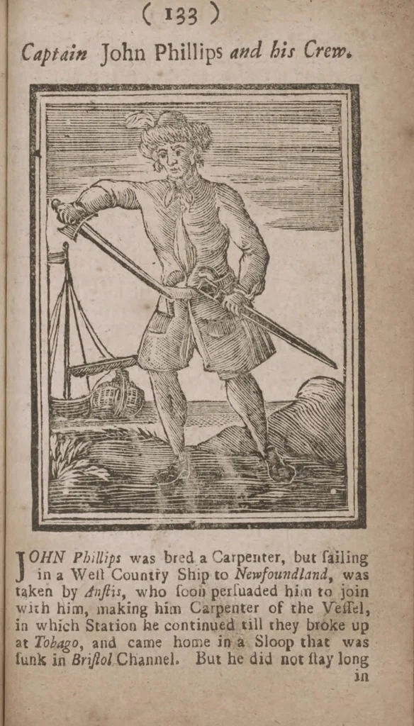 An illustration from The history and lives of all the most notorious pirates, and their crews, from Capt. Avery, who first settled at Madagascar, to Capt. John Gow, and James Williams, his Lieutenant, Etc. who were hang'd at Execution Dock, June 11, 1725, for Piracy and Murther, and afterwards hang'd in Chains between Blackwall and Deptford : giving a more full and true Account than any yet Published, of all their Murthers, Piracies, Maroonings, Places of Refuge, and Ways of Living. Adorn'd with Twenty Beautiful Cuts, being the Representation of each Pirate : To which is prefix'd, An Abstract of the Laws against Piracy, 1725, leaf 151