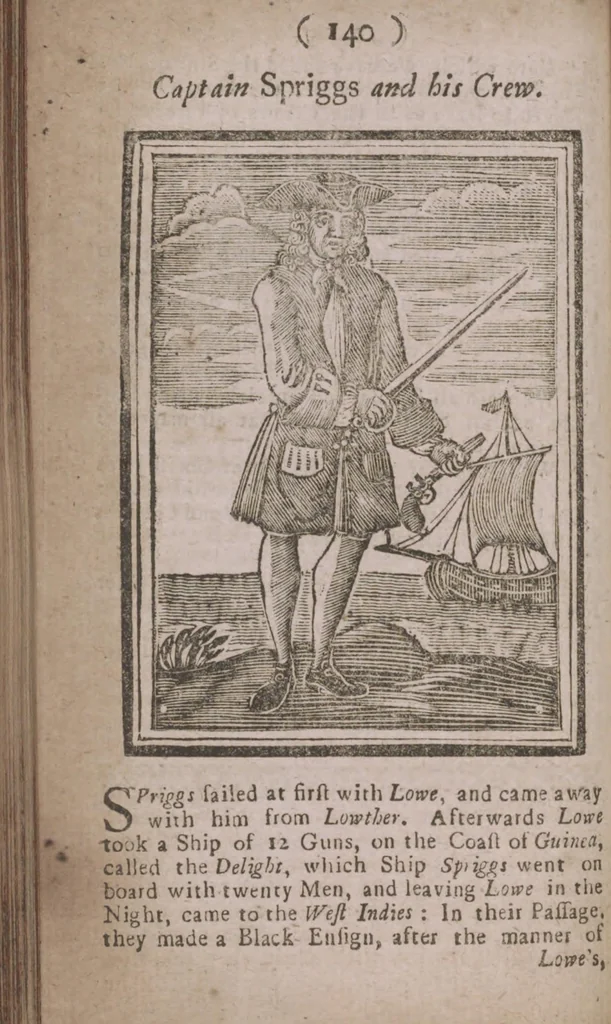 An illustration from The history and lives of all the most notorious pirates, and their crews, from Capt. Avery, who first settled at Madagascar, to Capt. John Gow, and James Williams, his Lieutenant, Etc. who were hang'd at Execution Dock, June 11, 1725, for Piracy and Murther, and afterwards hang'd in Chains between Blackwall and Deptford : giving a more full and true Account than any yet Published, of all their Murthers, Piracies, Maroonings, Places of Refuge, and Ways of Living. Adorn'd with Twenty Beautiful Cuts, being the Representation of each Pirate : To which is prefix'd, An Abstract of the Laws against Piracy, 1725, leaf 158