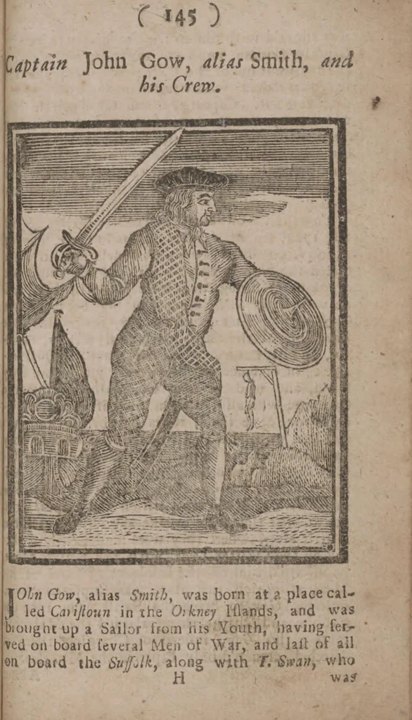 An illustration from The history and lives of all the most notorious pirates, and their crews, from Capt. Avery, who first settled at Madagascar, to Capt. John Gow, and James Williams, his Lieutenant, Etc. who were hang'd at Execution Dock, June 11, 1725, for Piracy and Murther, and afterwards hang'd in Chains between Blackwall and Deptford : giving a more full and true Account than any yet Published, of all their Murthers, Piracies, Maroonings, Places of Refuge, and Ways of Living. Adorn'd with Twenty Beautiful Cuts, being the Representation of each Pirate : To which is prefix'd, An Abstract of the Laws against Piracy, 1725, leaf 163