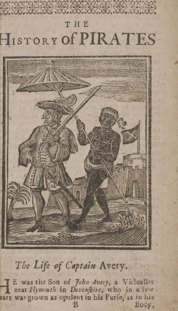 An illustration from The history and lives of all the most notorious pirates, and their crews, from Capt. Avery, who first settled at Madagascar, to Capt. John Gow, and James Williams, his Lieutenant, Etc. who were hang'd at Execution Dock, June 11, 1725, for Piracy and Murther, and afterwards hang'd in Chains between Blackwall and Deptford : giving a more full and true Account than any yet Published, of all their Murthers, Piracies, Maroonings, Places of Refuge, and Ways of Living. Adorn'd with Twenty Beautiful Cuts, being the Representation of each Pirate : To which is prefix'd, An Abstract of the Laws against Piracy, 1725, leaf 19