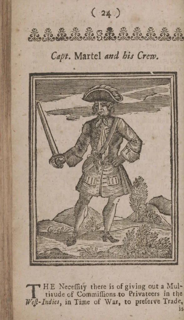 An illustration from The history and lives of all the most notorious pirates, and their crews, from Capt. Avery, who first settled at Madagascar, to Capt. John Gow, and James Williams, his Lieutenant, Etc. who were hang'd at Execution Dock, June 11, 1725, for Piracy and Murther, and afterwards hang'd in Chains between Blackwall and Deptford : giving a more full and true Account than any yet Published, of all their Murthers, Piracies, Maroonings, Places of Refuge, and Ways of Living. Adorn'd with Twenty Beautiful Cuts, being the Representation of each Pirate : To which is prefix'd, An Abstract of the Laws against Piracy, 1725, leaf 42