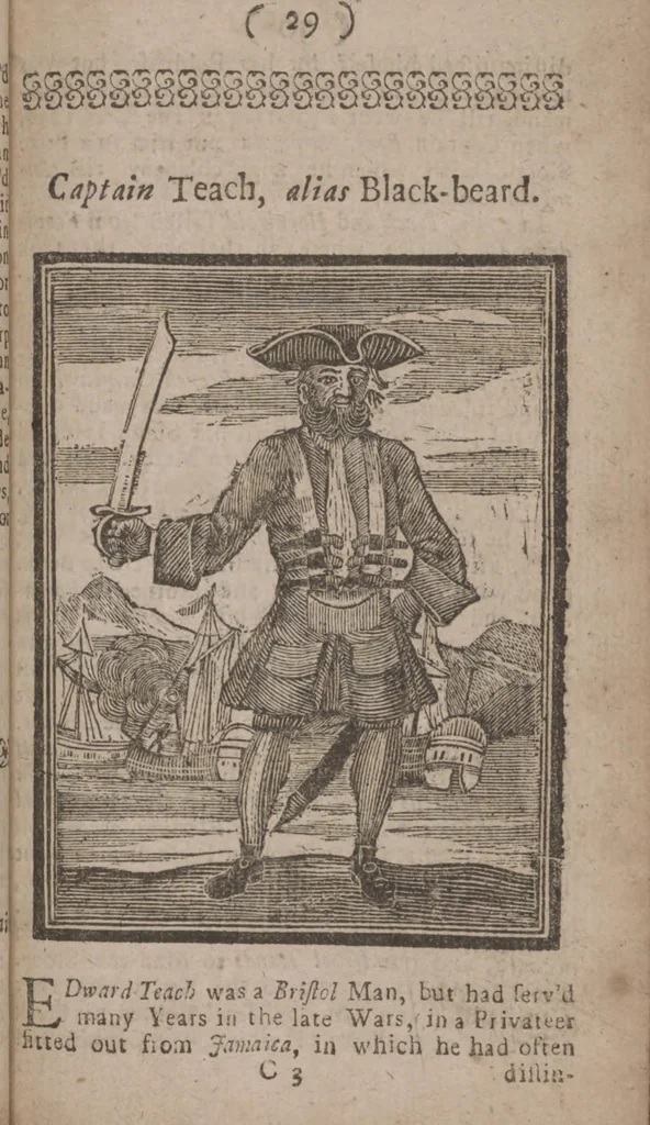An illustration from The history and lives of all the most notorious pirates, and their crews, from Capt. Avery, who first settled at Madagascar, to Capt. John Gow, and James Williams, his Lieutenant, Etc. who were hang'd at Execution Dock, June 11, 1725, for Piracy and Murther, and afterwards hang'd in Chains between Blackwall and Deptford : giving a more full and true Account than any yet Published, of all their Murthers, Piracies, Maroonings, Places of Refuge, and Ways of Living. Adorn'd with Twenty Beautiful Cuts, being the Representation of each Pirate : To which is prefix'd, An Abstract of the Laws against Piracy, 1725, leaf 47