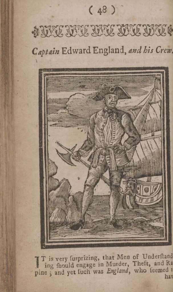 An illustration from The history and lives of all the most notorious pirates, and their crews, from Capt. Avery, who first settled at Madagascar, to Capt. John Gow, and James Williams, his Lieutenant, Etc. who were hang'd at Execution Dock, June 11, 1725, for Piracy and Murther, and afterwards hang'd in Chains between Blackwall and Deptford : giving a more full and true Account than any yet Published, of all their Murthers, Piracies, Maroonings, Places of Refuge, and Ways of Living. Adorn'd with Twenty Beautiful Cuts, being the Representation of each Pirate : To which is prefix'd, An Abstract of the Laws against Piracy, 1725, leaf 66