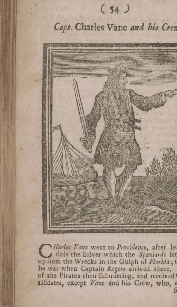 An illustration from The history and lives of all the most notorious pirates, and their crews, from Capt. Avery, who first settled at Madagascar, to Capt. John Gow, and James Williams, his Lieutenant, Etc. who were hang'd at Execution Dock, June 11, 1725, for Piracy and Murther, and afterwards hang'd in Chains between Blackwall and Deptford : giving a more full and true Account than any yet Published, of all their Murthers, Piracies, Maroonings, Places of Refuge, and Ways of Living. Adorn'd with Twenty Beautiful Cuts, being the Representation of each Pirate : To which is prefix'd, An Abstract of the Laws against Piracy, 1725, leaf 72