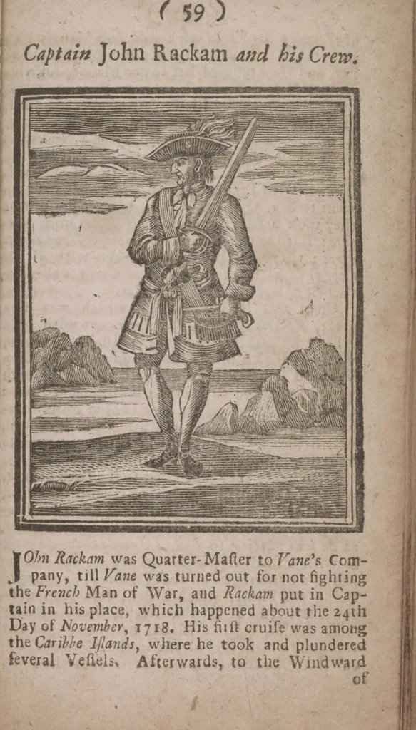 An illustration from The history and lives of all the most notorious pirates, and their crews, from Capt. Avery, who first settled at Madagascar, to Capt. John Gow, and James Williams, his Lieutenant, Etc. who were hang'd at Execution Dock, June 11, 1725, for Piracy and Murther, and afterwards hang'd in Chains between Blackwall and Deptford : giving a more full and true Account than any yet Published, of all their Murthers, Piracies, Maroonings, Places of Refuge, and Ways of Living. Adorn'd with Twenty Beautiful Cuts, being the Representation of each Pirate : To which is prefix'd, An Abstract of the Laws against Piracy, 1725, leaf 77