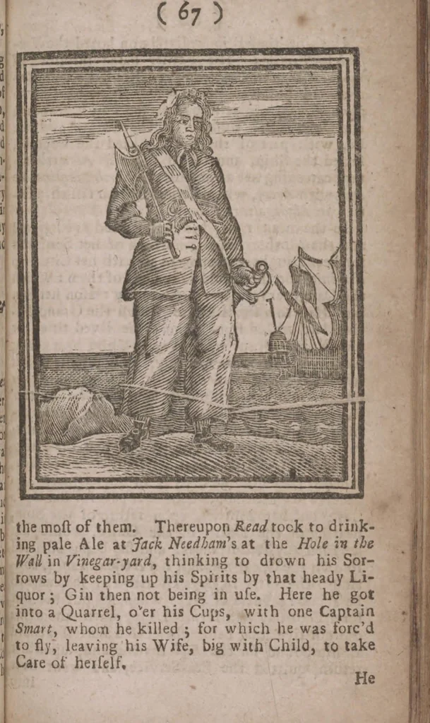 An illustration from The history and lives of all the most notorious pirates, and their crews, from Capt. Avery, who first settled at Madagascar, to Capt. John Gow, and James Williams, his Lieutenant, Etc. who were hang'd at Execution Dock, June 11, 1725, for Piracy and Murther, and afterwards hang'd in Chains between Blackwall and Deptford : giving a more full and true Account than any yet Published, of all their Murthers, Piracies, Maroonings, Places of Refuge, and Ways of Living. Adorn'd with Twenty Beautiful Cuts, being the Representation of each Pirate : To which is prefix'd, An Abstract of the Laws against Piracy, 1725, leaf 85