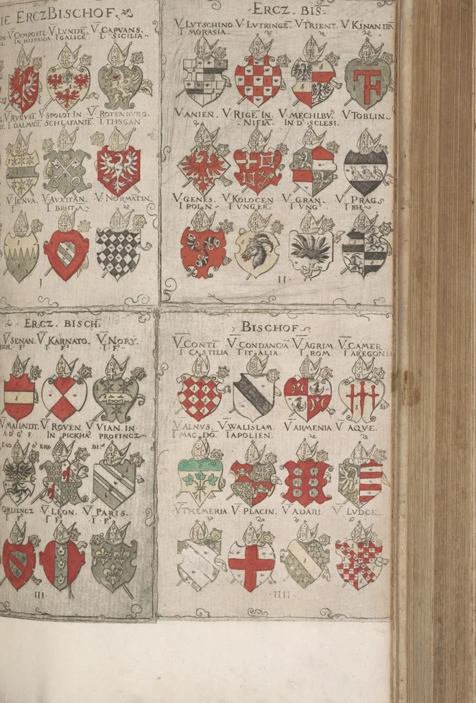 An illustration from Wappenbüchlein. Antzeygung deren Wappen darauf des Heyligen Römischen Reichs Grundtveste gepflantzt vnnd geordnet ist ... zu Eeren der römischen kayserlichen vnd kunigklichen Mayesteten, 1555, leaf 10