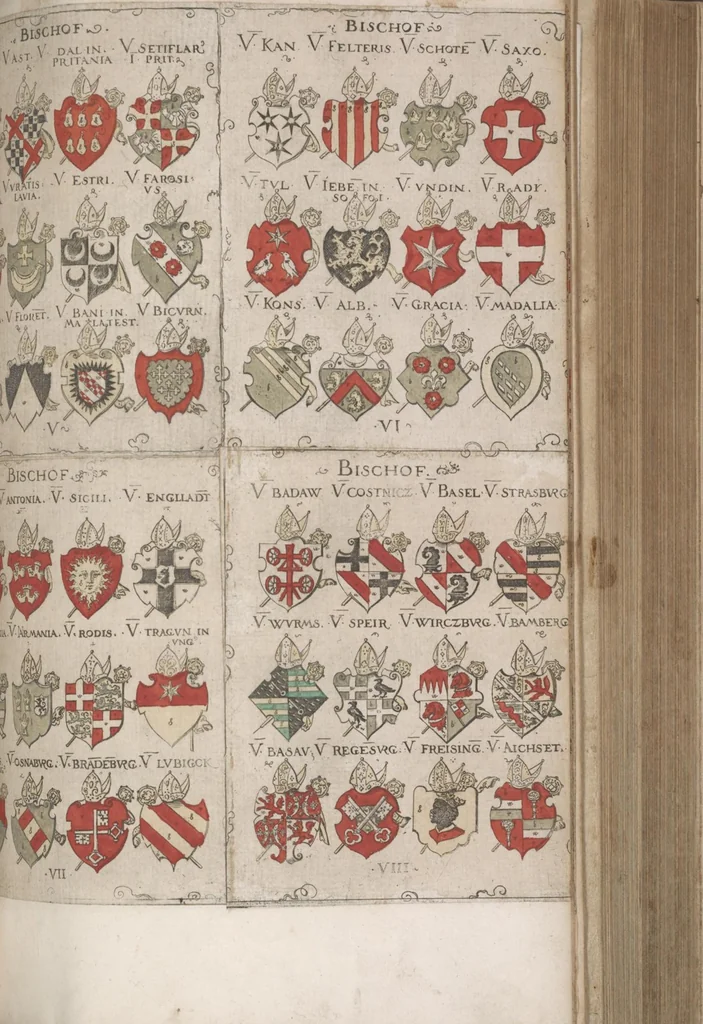 An illustration from Wappenbüchlein. Antzeygung deren Wappen darauf des Heyligen Römischen Reichs Grundtveste gepflantzt vnnd geordnet ist ... zu Eeren der römischen kayserlichen vnd kunigklichen Mayesteten, 1555, leaf 12