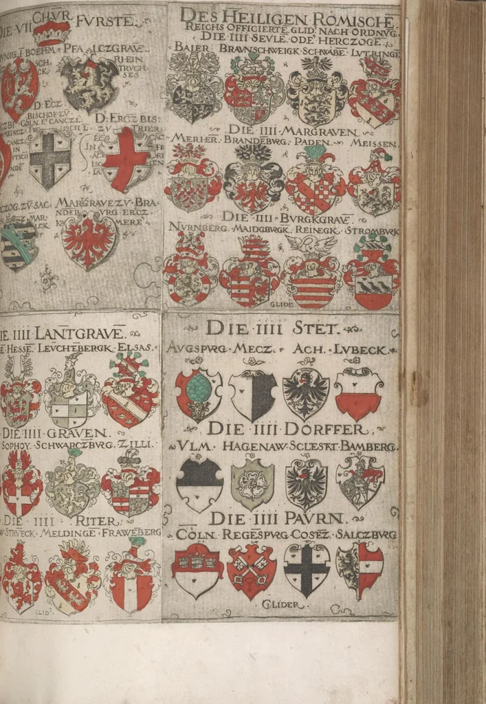 An illustration from Wappenbüchlein. Antzeygung deren Wappen darauf des Heyligen Römischen Reichs Grundtveste gepflantzt vnnd geordnet ist ... zu Eeren der römischen kayserlichen vnd kunigklichen Mayesteten, 1555, leaf 14