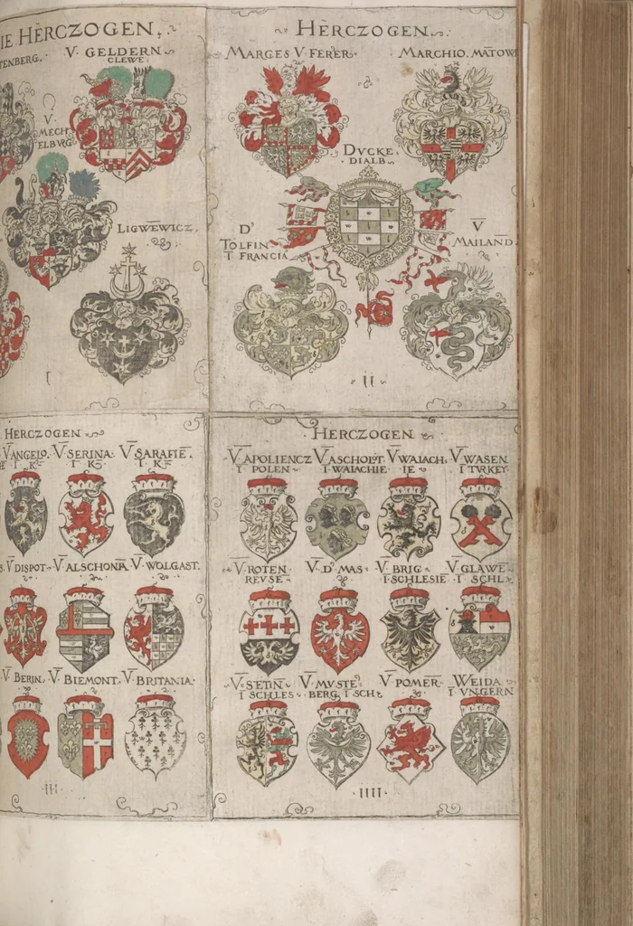An illustration from Wappenbüchlein. Antzeygung deren Wappen darauf des Heyligen Römischen Reichs Grundtveste gepflantzt vnnd geordnet ist ... zu Eeren der römischen kayserlichen vnd kunigklichen Mayesteten, 1555, leaf 16