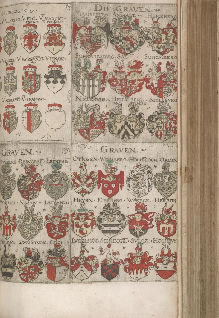 An illustration from Wappenbüchlein. Antzeygung deren Wappen darauf des Heyligen Römischen Reichs Grundtveste gepflantzt vnnd geordnet ist ... zu Eeren der römischen kayserlichen vnd kunigklichen Mayesteten, 1555, leaf 18