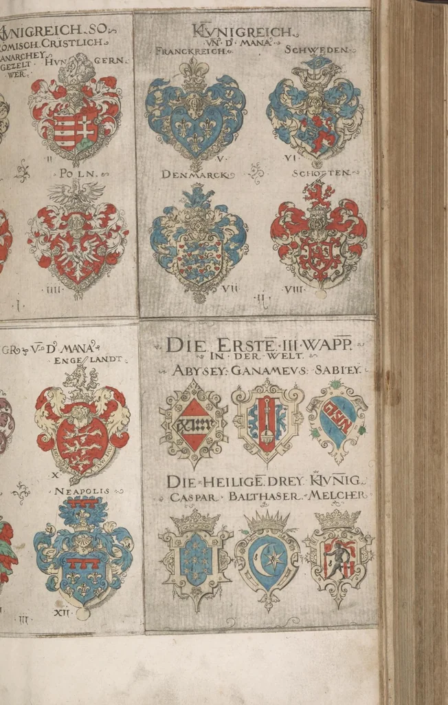 An illustration from Wappenbüchlein. Antzeygung deren Wappen darauf des Heyligen Römischen Reichs Grundtveste gepflantzt vnnd geordnet ist ... zu Eeren der römischen kayserlichen vnd kunigklichen Mayesteten, 1555, leaf 2
