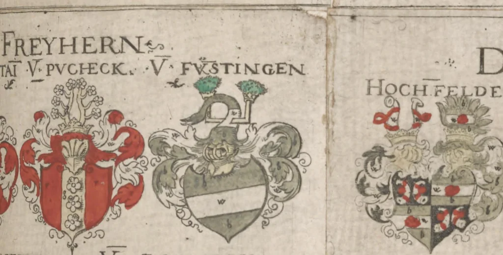 An illustration from Wappenbüchlein. Antzeygung deren Wappen darauf des Heyligen Römischen Reichs Grundtveste gepflantzt vnnd geordnet ist ... zu Eeren der römischen kayserlichen vnd kunigklichen Mayesteten, 1555, leaf 20