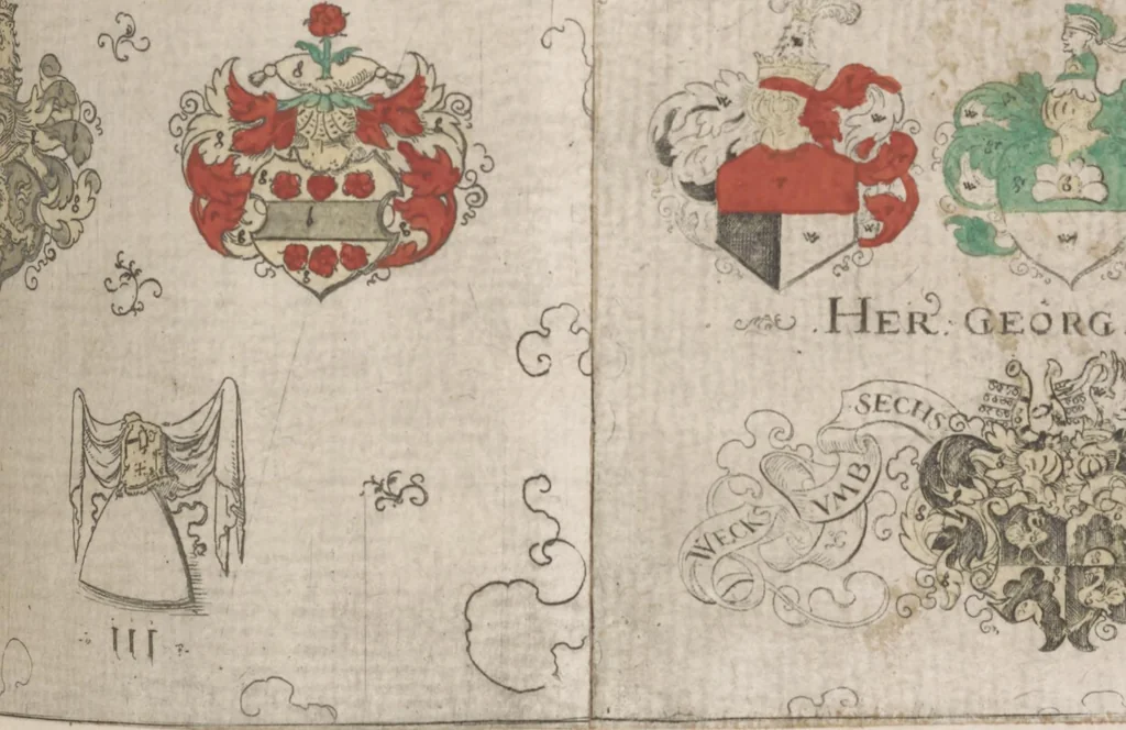 An illustration from Wappenbüchlein. Antzeygung deren Wappen darauf des Heyligen Römischen Reichs Grundtveste gepflantzt vnnd geordnet ist ... zu Eeren der römischen kayserlichen vnd kunigklichen Mayesteten, 1555, leaf 20