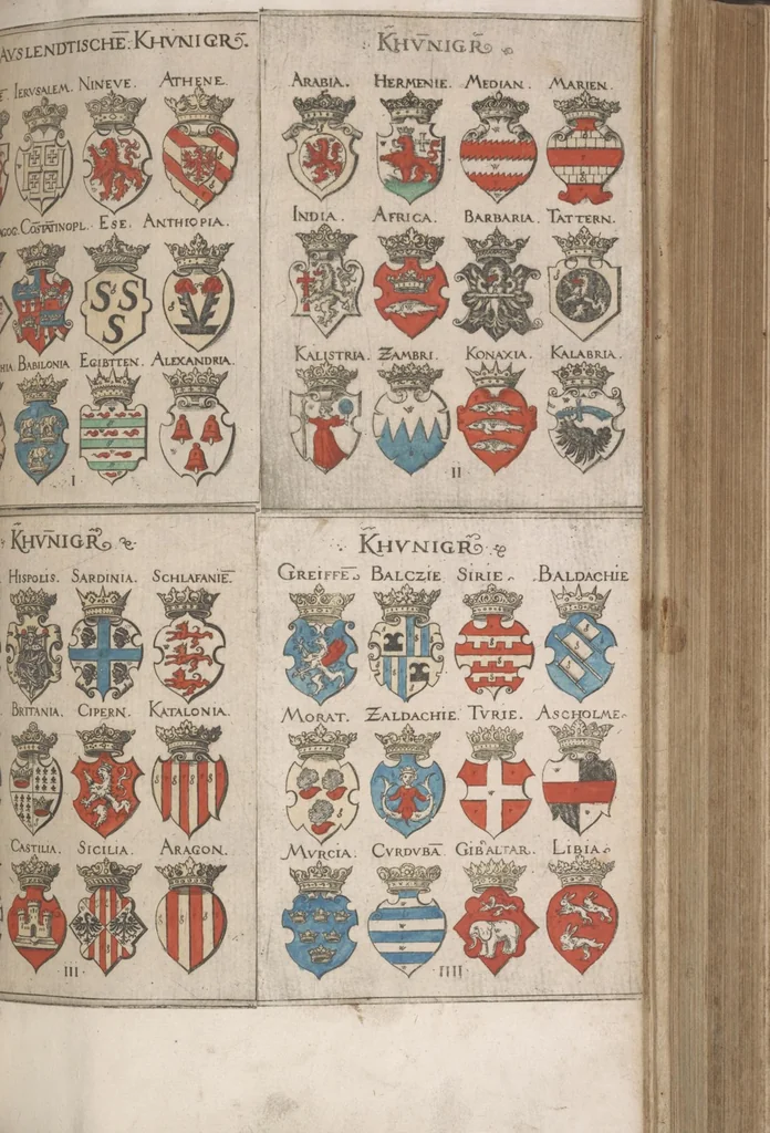 An illustration from Wappenbüchlein. Antzeygung deren Wappen darauf des Heyligen Römischen Reichs Grundtveste gepflantzt vnnd geordnet ist ... zu Eeren der römischen kayserlichen vnd kunigklichen Mayesteten, 1555, leaf 4