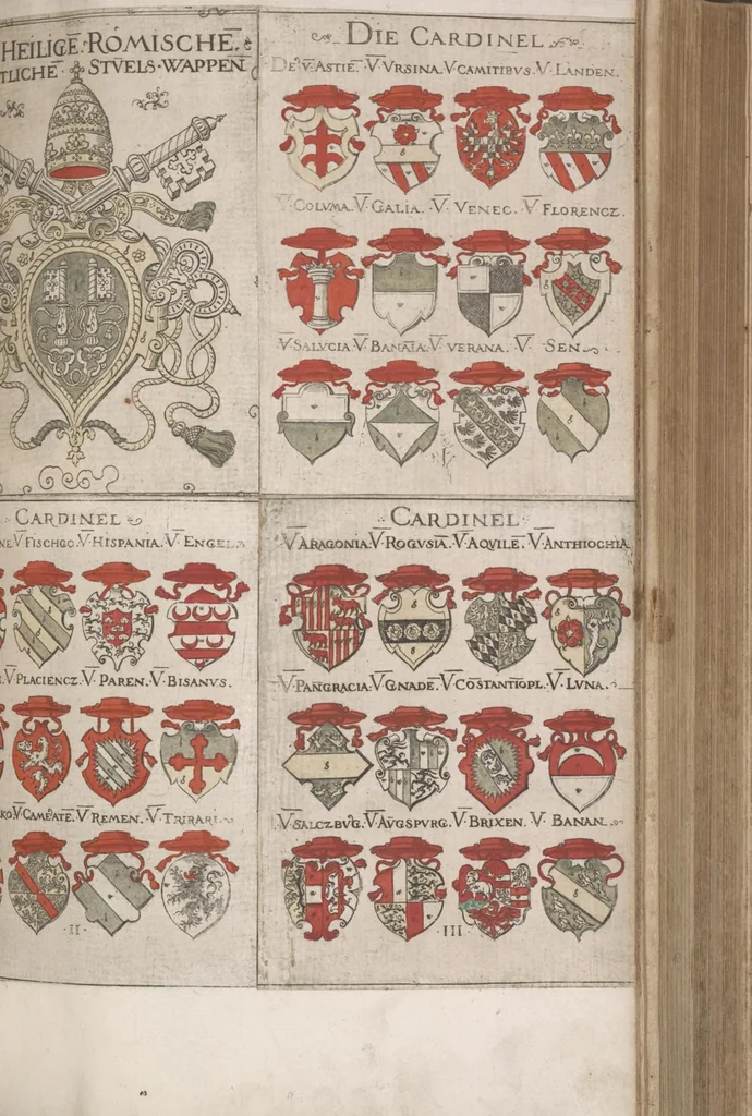 An illustration from Wappenbüchlein. Antzeygung deren Wappen darauf des Heyligen Römischen Reichs Grundtveste gepflantzt vnnd geordnet ist ... zu Eeren der römischen kayserlichen vnd kunigklichen Mayesteten, 1555, leaf 8