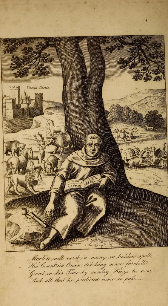 An illustration from The life of Merlin, surnamed Ambrosius; his prophecies and predictions interpreted, and their truth made good by our English annals: being a chronographical history of all the kings and memorable passages of this kingdom, from Brute to the reign of King Charles., 1813, leaf 6
