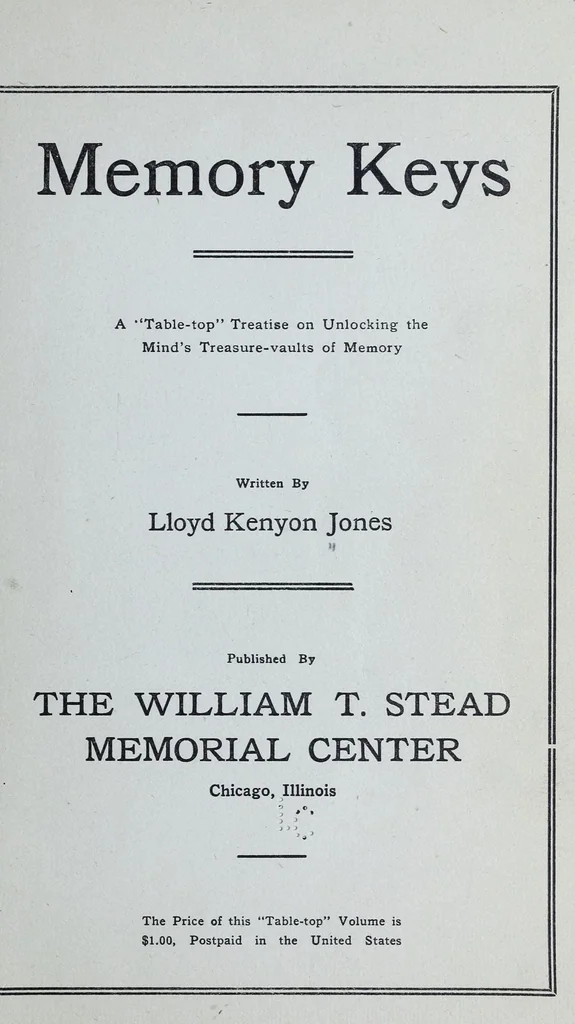 An illustration from Memory keys : a "table-top" treatise on unlocking the mind's treasure-vaults of memory, 1919, leaf 3