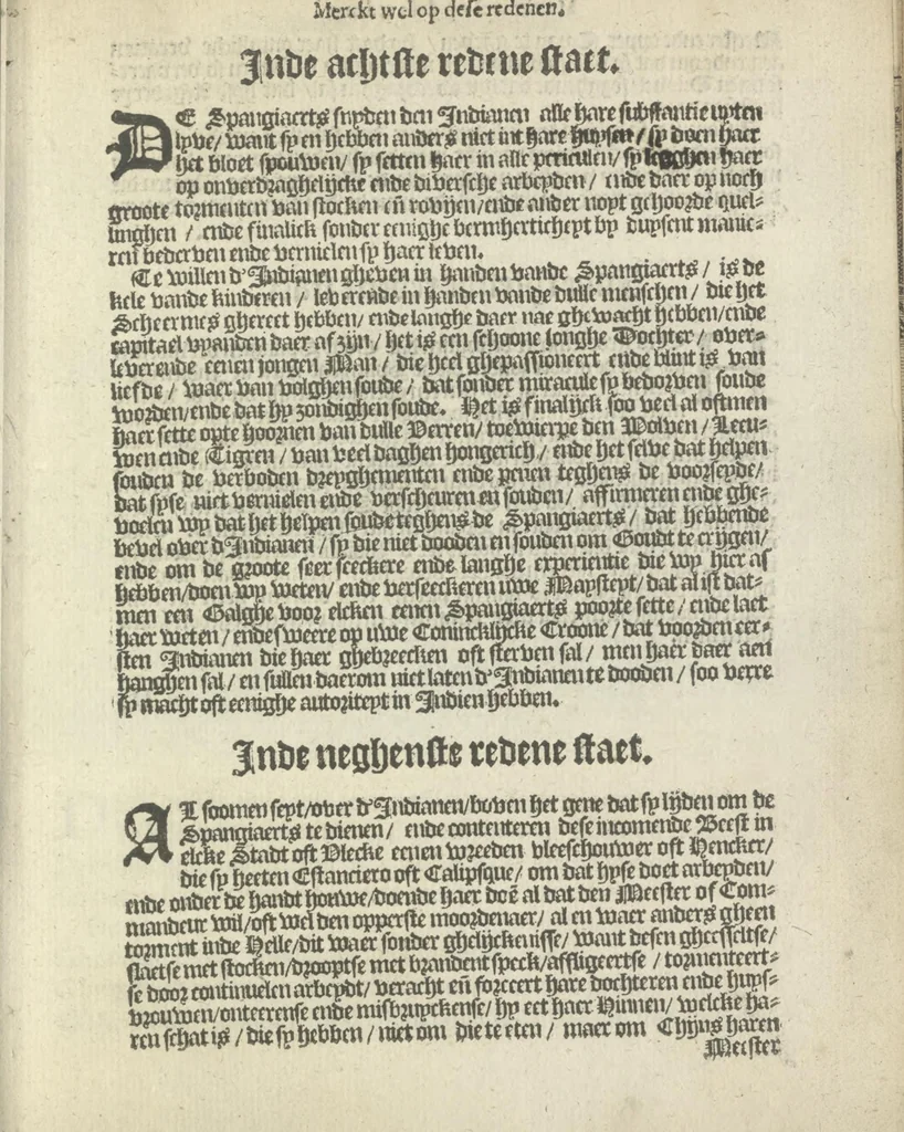 An illustration from Den spiegel der Spaensche tierannije, geschiet in Westindien : waerin te sien is de onmenschelijke wreede feÿten der Spanjaerden met samen de beschrijvinge der selver lant en volcken aert en nature allen vaderlant lieuende en vrome voorsta[n]ders ten exempel voor gestelt, 1620, leaf 100