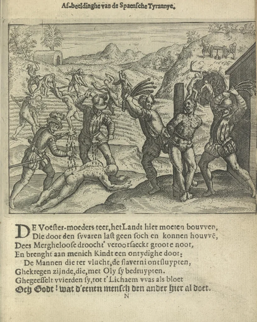 An illustration from Den spiegel der Spaensche tierannije, geschiet in Westindien : waerin te sien is de onmenschelijke wreede feÿten der Spanjaerden met samen de beschrijvinge der selver lant en volcken aert en nature allen vaderlant lieuende en vrome voorsta[n]ders ten exempel voor gestelt, 1620, leaf 102