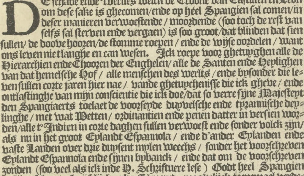 An illustration from Den spiegel der Spaensche tierannije, geschiet in Westindien : waerin te sien is de onmenschelijke wreede feÿten der Spanjaerden met samen de beschrijvinge der selver lant en volcken aert en nature allen vaderlant lieuende en vrome voorsta[n]ders ten exempel voor gestelt, 1620, leaf 108