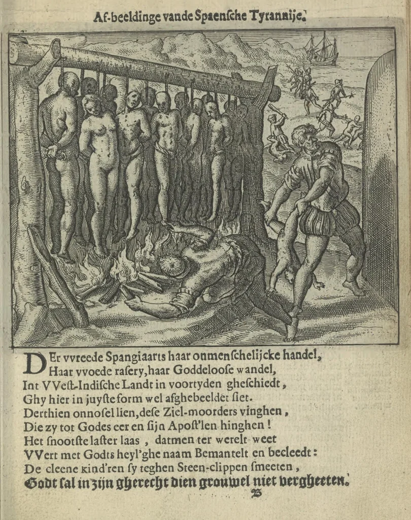 An illustration from Den spiegel der Spaensche tierannije, geschiet in Westindien : waerin te sien is de onmenschelijke wreede feÿten der Spanjaerden met samen de beschrijvinge der selver lant en volcken aert en nature allen vaderlant lieuende en vrome voorsta[n]ders ten exempel voor gestelt, 1620, leaf 14