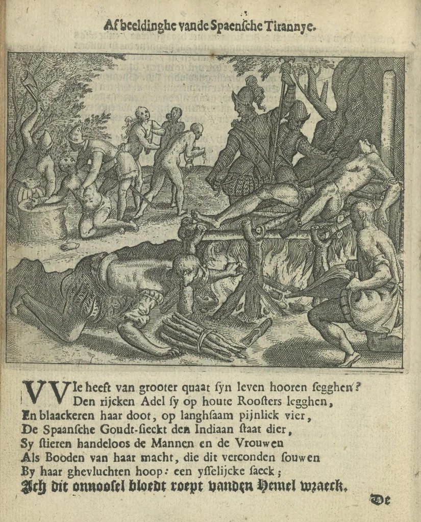 An illustration from Den spiegel der Spaensche tierannije, geschiet in Westindien : waerin te sien is de onmenschelijke wreede feÿten der Spanjaerden met samen de beschrijvinge der selver lant en volcken aert en nature allen vaderlant lieuende en vrome voorsta[n]ders ten exempel voor gestelt, 1620, leaf 17