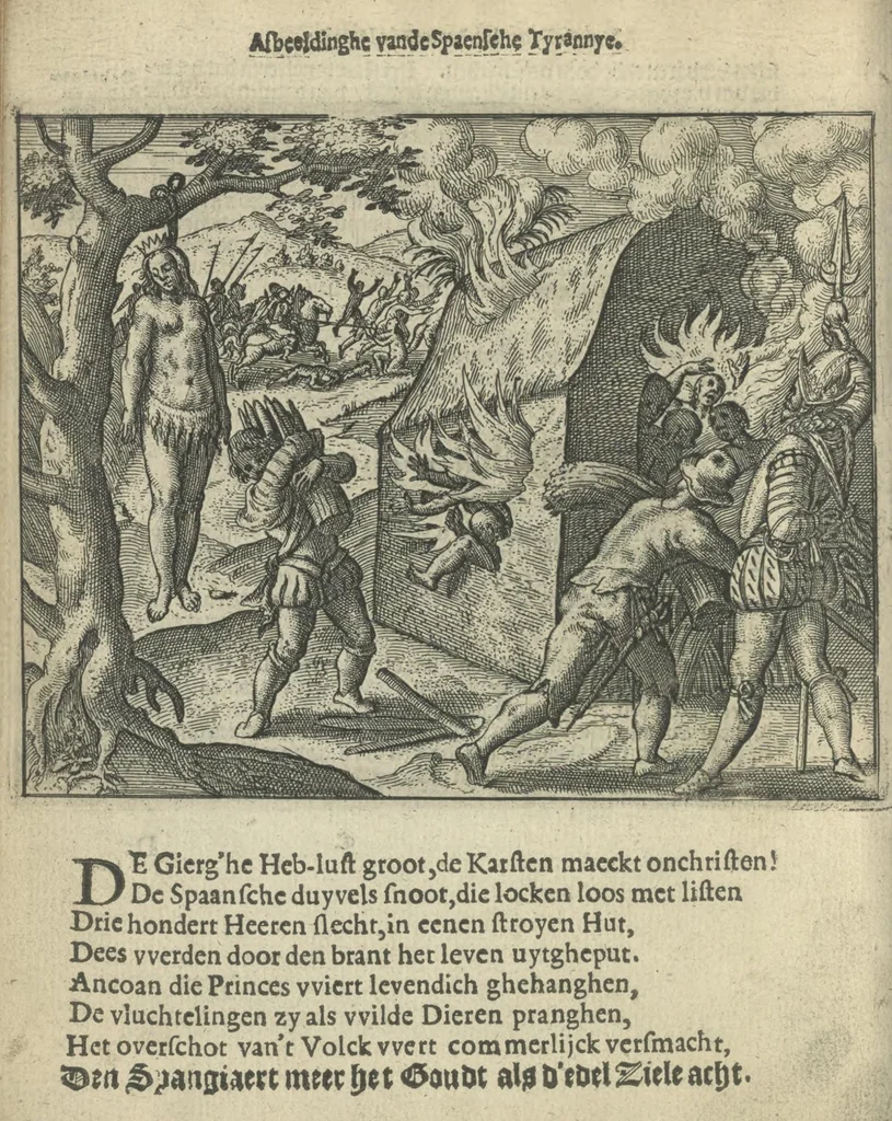 An illustration from Den spiegel der Spaensche tierannije, geschiet in Westindien : waerin te sien is de onmenschelijke wreede feÿten der Spanjaerden met samen de beschrijvinge der selver lant en volcken aert en nature allen vaderlant lieuende en vrome voorsta[n]ders ten exempel voor gestelt, 1620, leaf 23